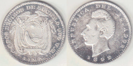 1892 Ecuador silver 2 Decimos A002959